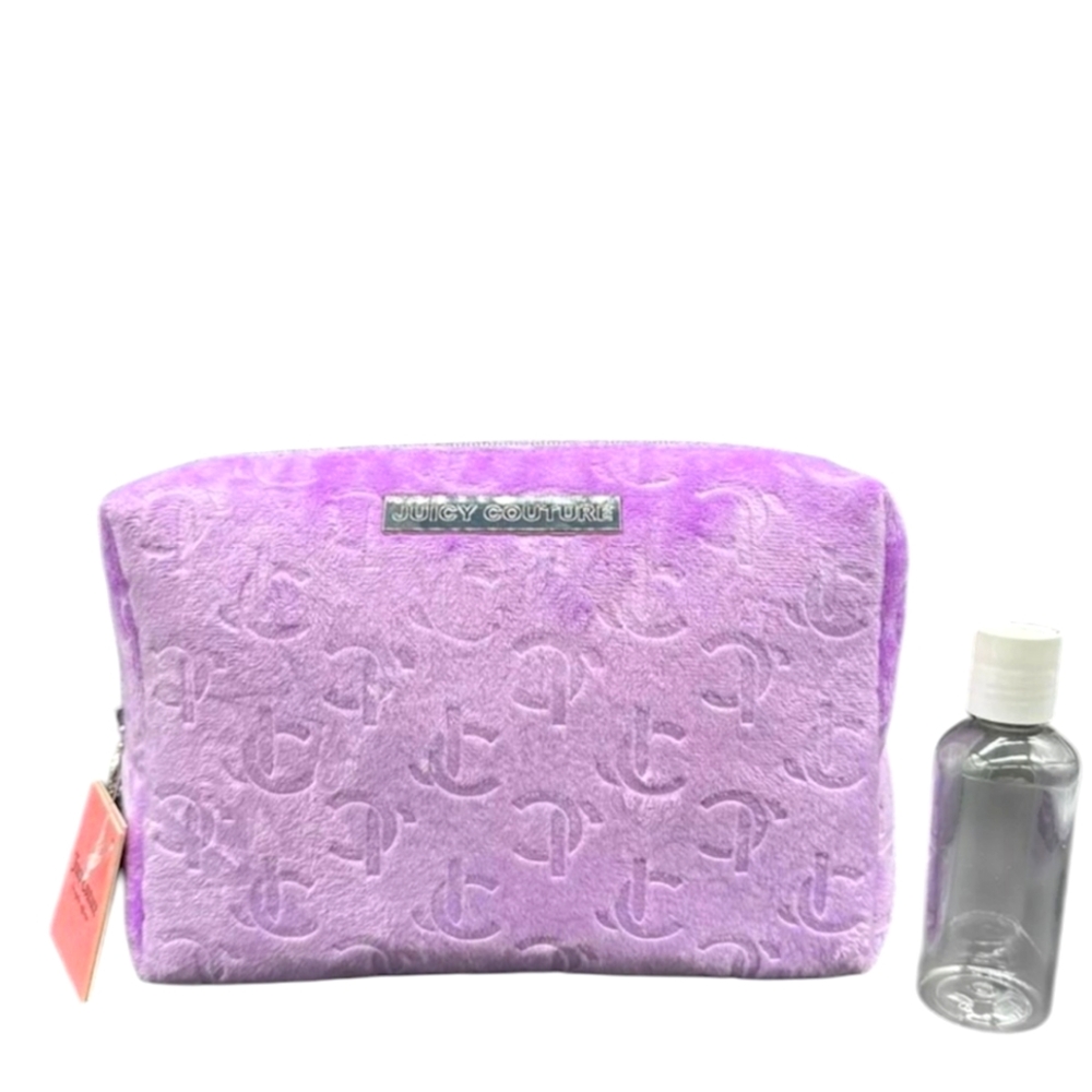Juicy Couture NWT Lavender Plush Cosmetics Bag• silver hardware & Travel bottle